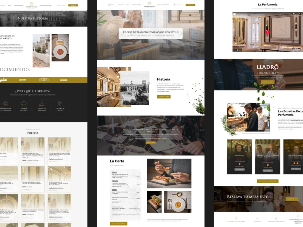 Cómo elegir un estudio de diseño gráfico en Valencia: 7 preguntas antes de contratar 2 Composición de páginas de Restaurante La Perfumería con fondos claros y oscuros, fotografías y acentos de color.